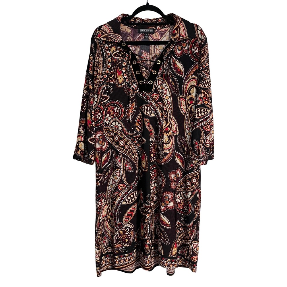 Karin Stevens Paisley Lace Up Neck‎ 3/4 Sleeve Midi Dress Size 16